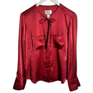 Talbots Top Women 10 Cranberry Red 100% Silk Faux Pearl Button Old Money Career